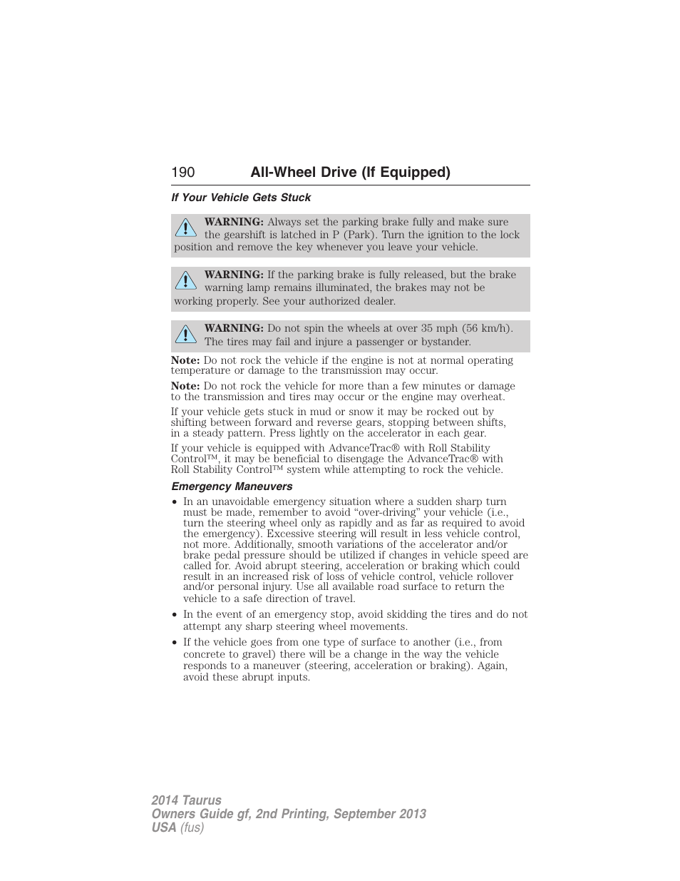 If your vehicle gets stuck, Emergency maneuvers, 190 all-wheel drive (if equipped) | FORD 2014 Taurus v.2 User Manual | Page 191 / 554