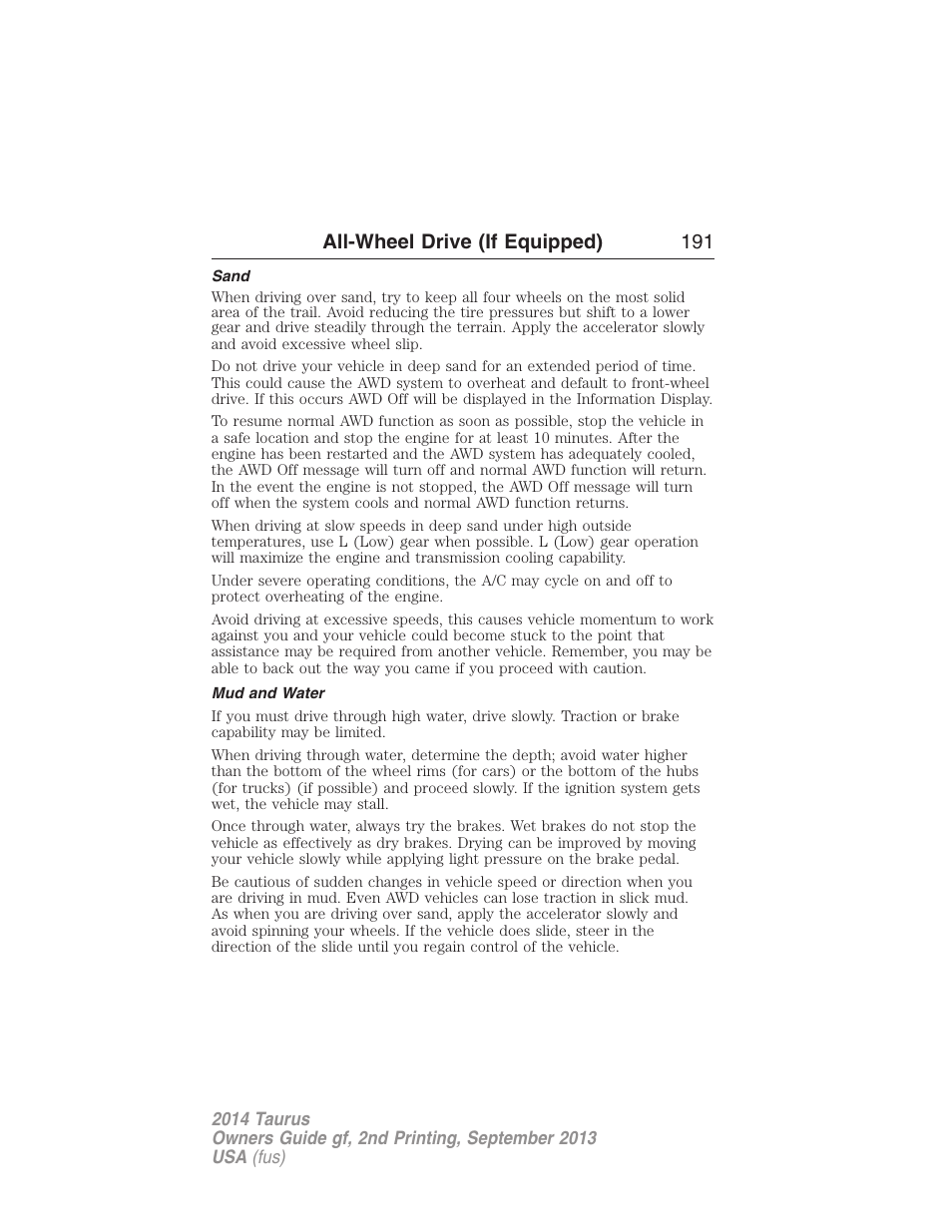 Sand, Mud and water, All-wheel drive (if equipped) 191 | FORD 2014 Taurus v.2 User Manual | Page 192 / 554