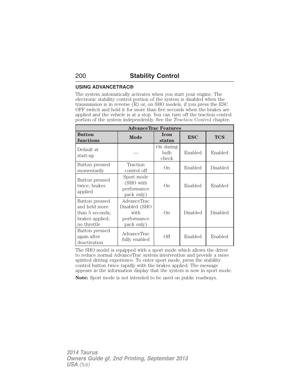 Using advancetrac, 200 stability control | FORD 2014 Taurus v.2 User Manual | Page 201 / 554