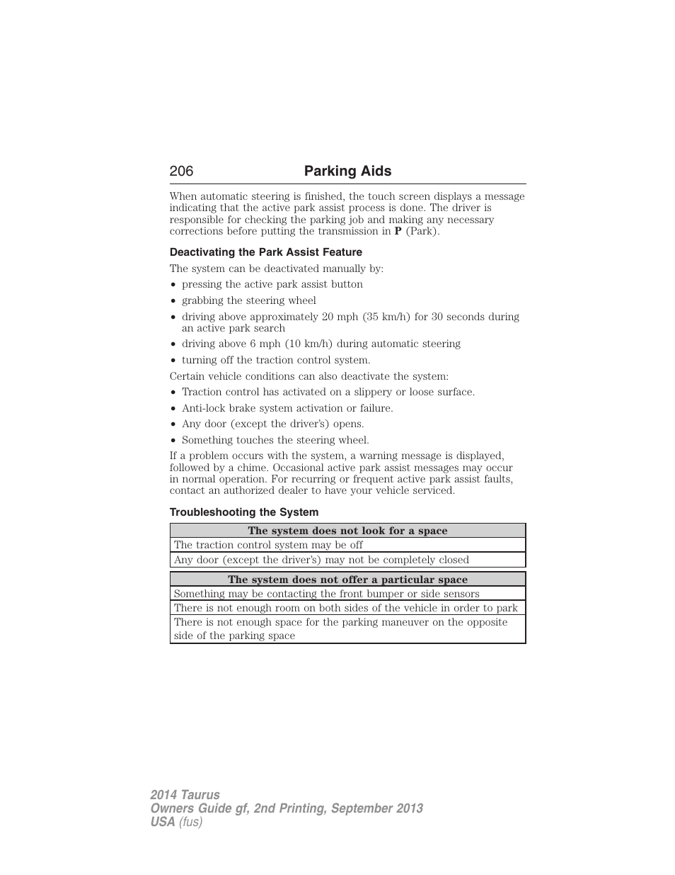 Deactivating the park assist feature, Troubleshooting the system, 206 parking aids | FORD 2014 Taurus v.2 User Manual | Page 207 / 554