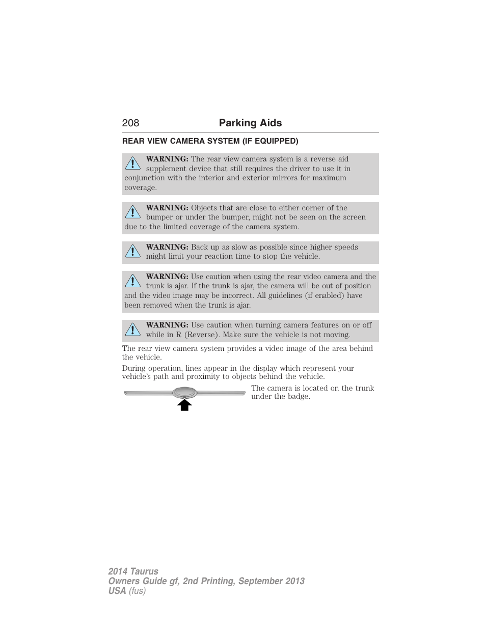 Rear view camera system (if equipped), Rear-view camera system, 208 parking aids | FORD 2014 Taurus v.2 User Manual | Page 209 / 554
