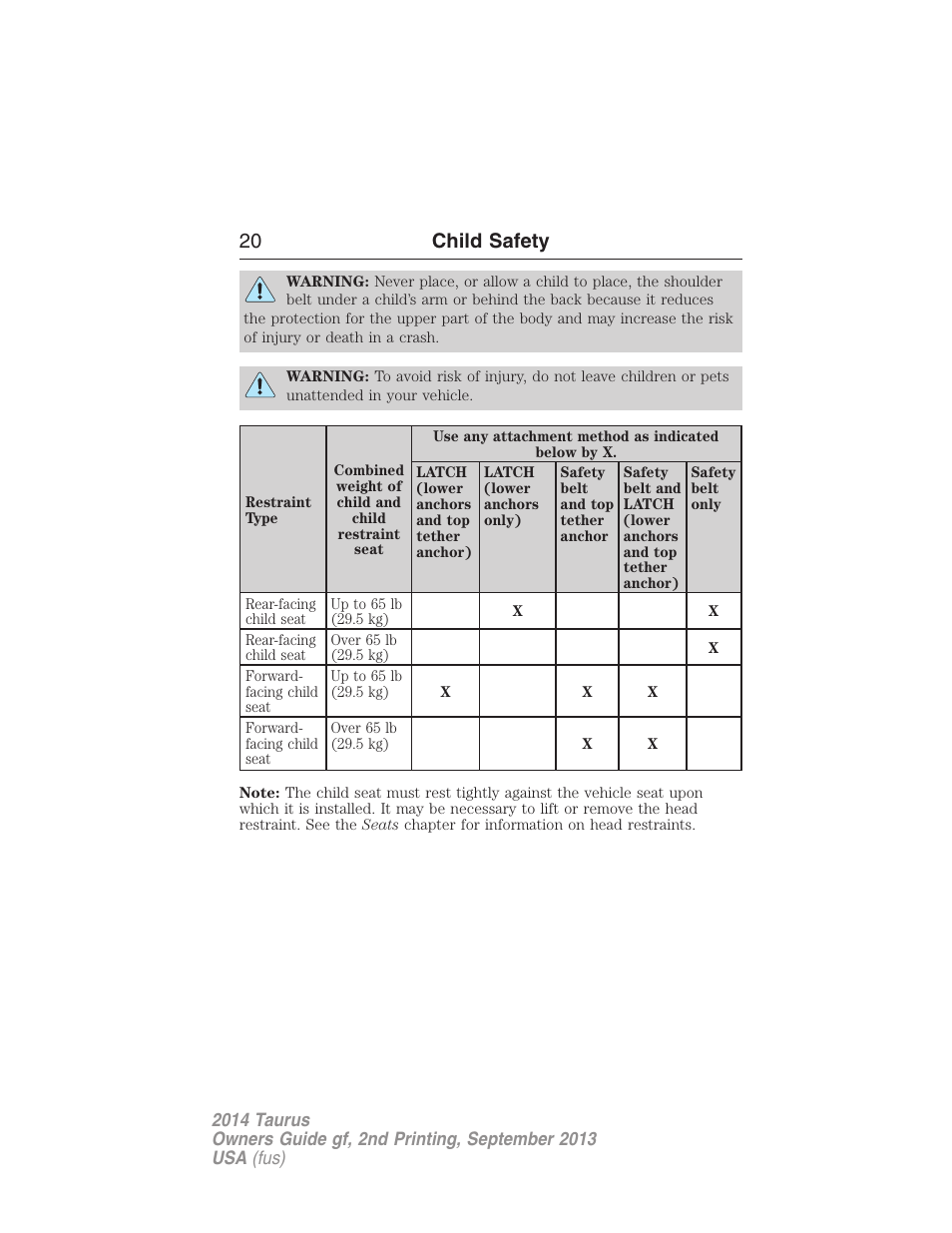 20 child safety | FORD 2014 Taurus v.2 User Manual | Page 21 / 554