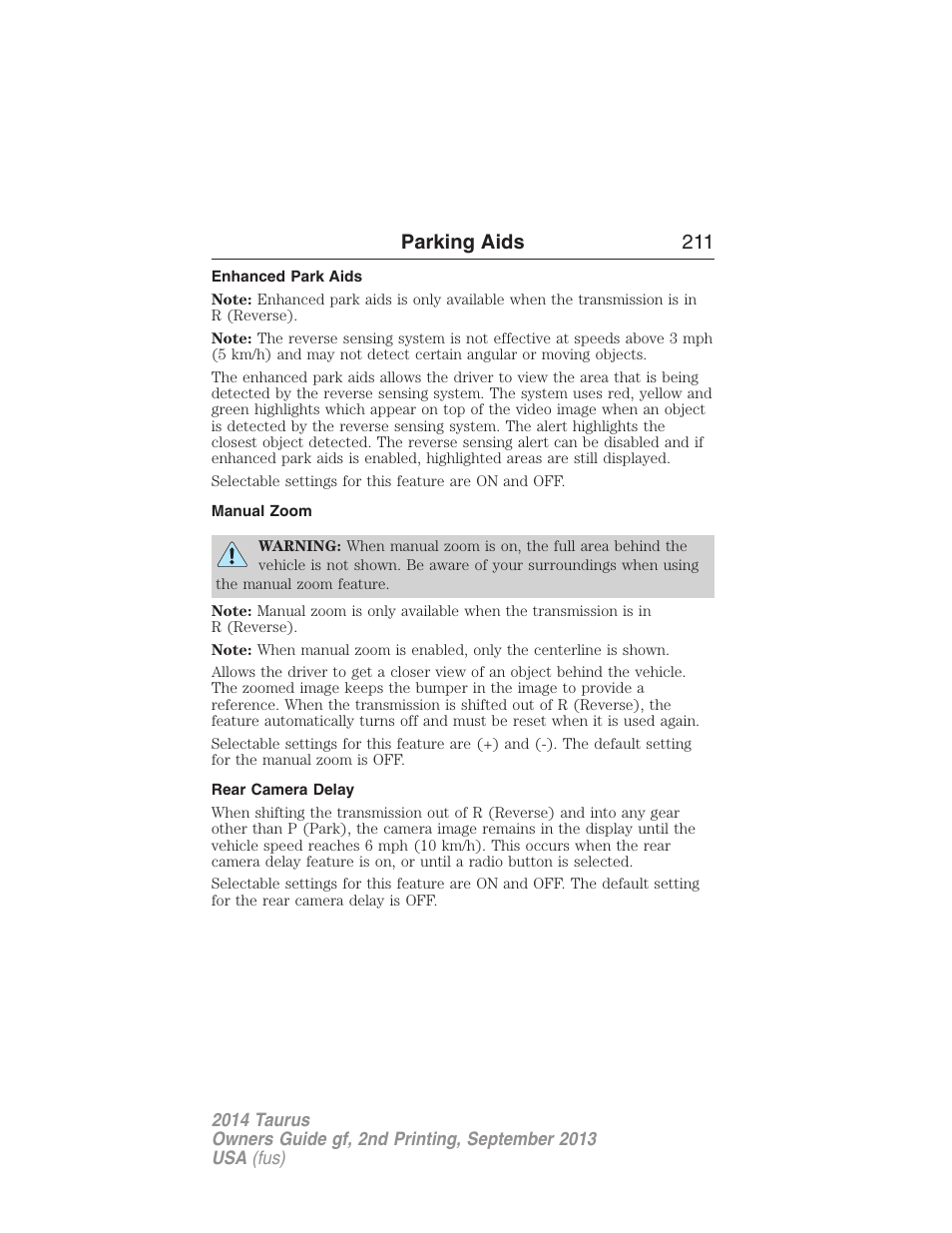 Enhanced park aids, Manual zoom, Rear camera delay | Parking aids 211 | FORD 2014 Taurus v.2 User Manual | Page 212 / 554