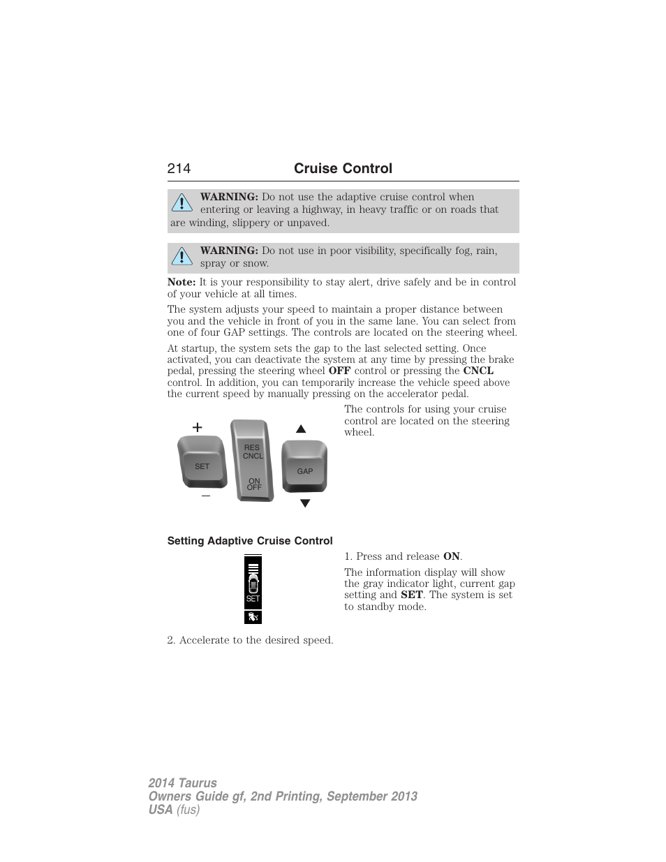 Setting adaptive cruise control, 214 cruise control | FORD 2014 Taurus v.2 User Manual | Page 215 / 554