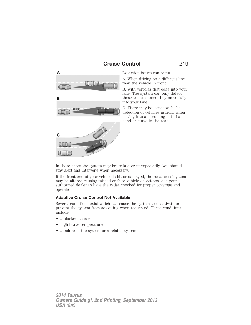 Adaptive cruise control not available, Cruise control 219 | FORD 2014 Taurus v.2 User Manual | Page 220 / 554