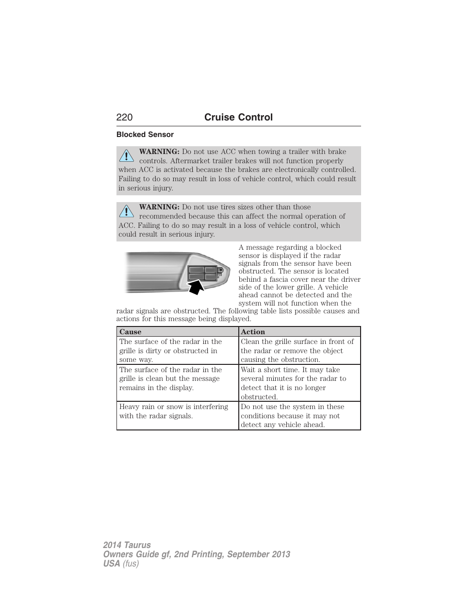 Blocked sensor, 220 cruise control | FORD 2014 Taurus v.2 User Manual | Page 221 / 554