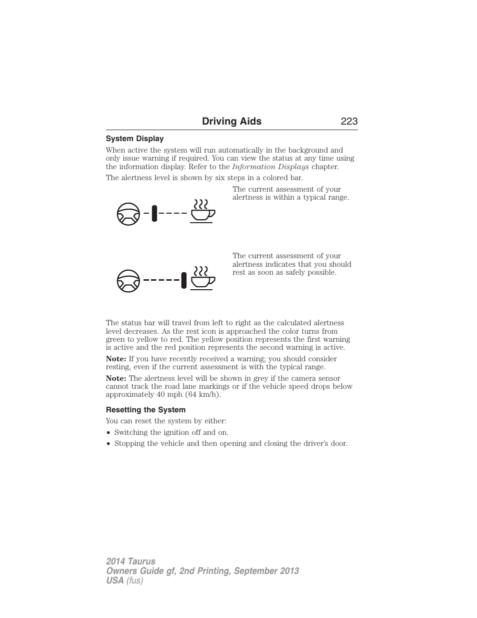 System display, Resetting the system, Driving aids 223 | FORD 2014 Taurus v.2 User Manual | Page 224 / 554