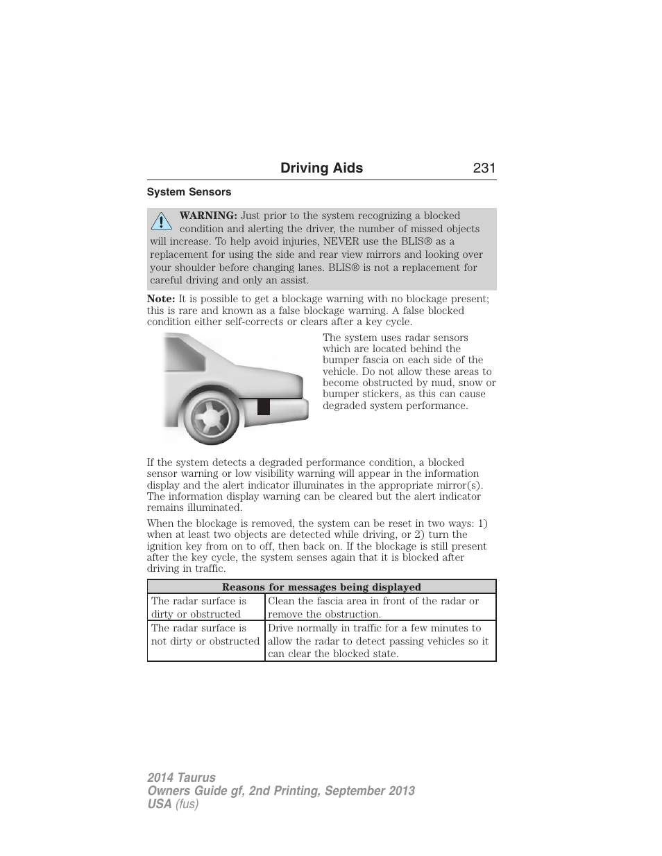 System sensors, Driving aids 231 | FORD 2014 Taurus v.2 User Manual | Page 232 / 554