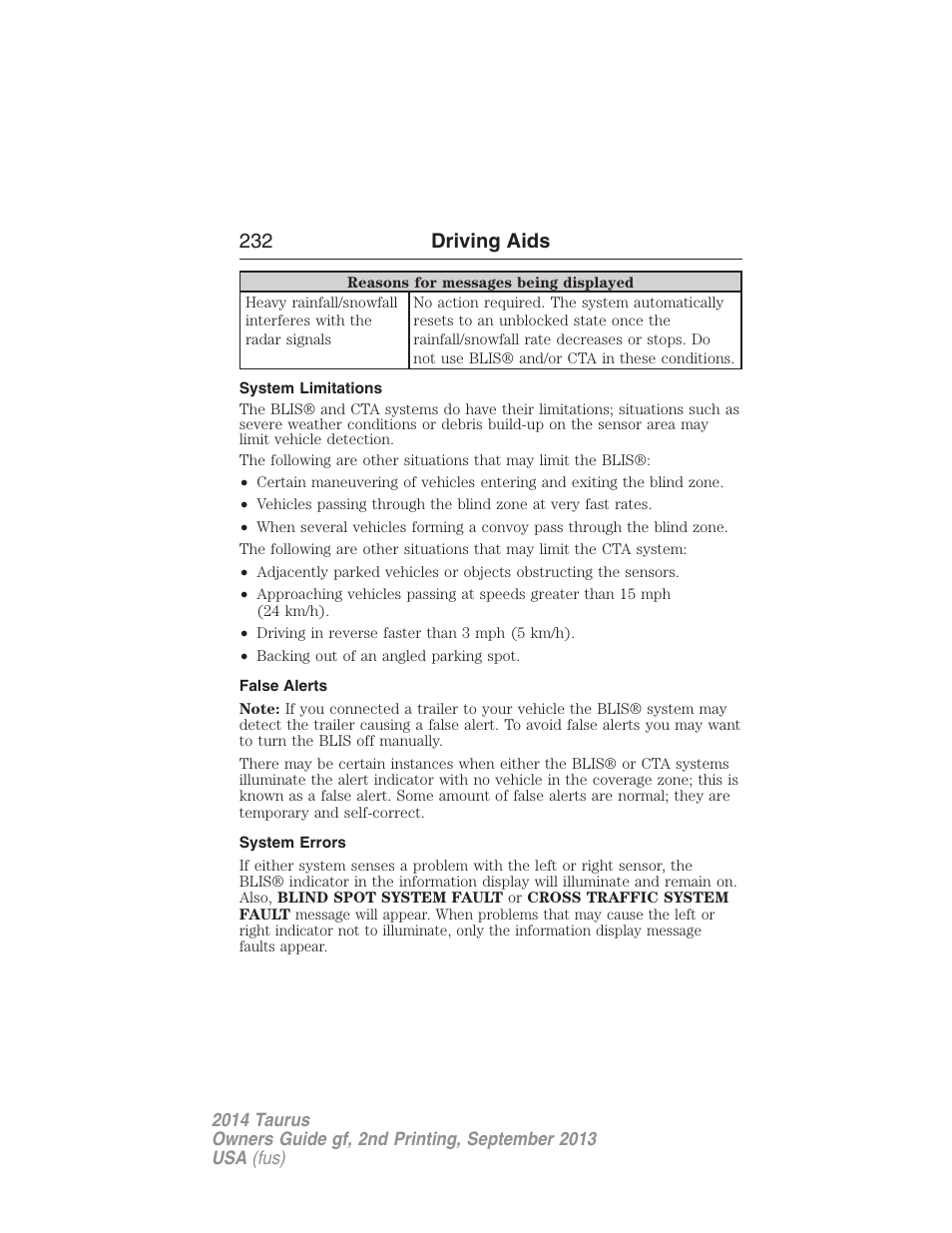 System limitations, False alerts, System errors | 232 driving aids | FORD 2014 Taurus v.2 User Manual | Page 233 / 554