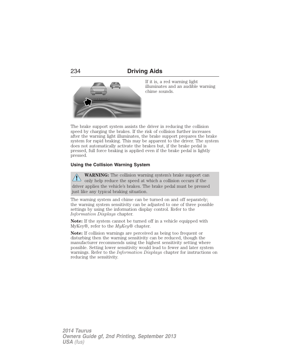 Using the collision warning system, 234 driving aids | FORD 2014 Taurus v.2 User Manual | Page 235 / 554