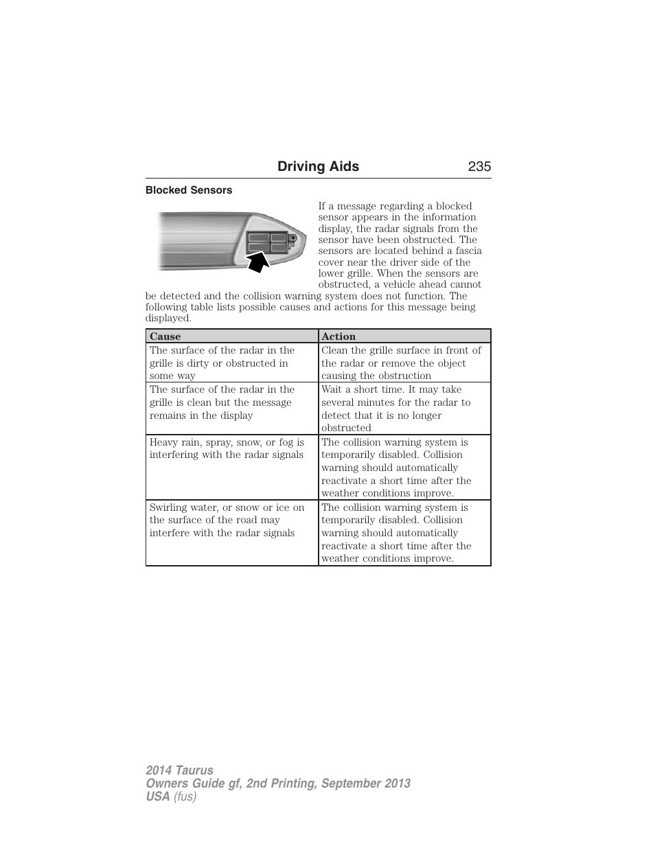 Blocked sensors, Driving aids 235 | FORD 2014 Taurus v.2 User Manual | Page 236 / 554