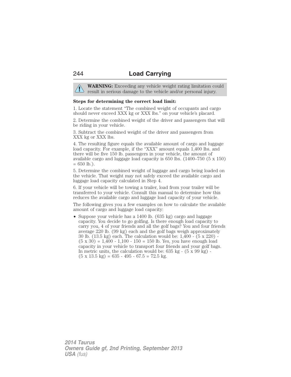 244 load carrying | FORD 2014 Taurus v.2 User Manual | Page 245 / 554