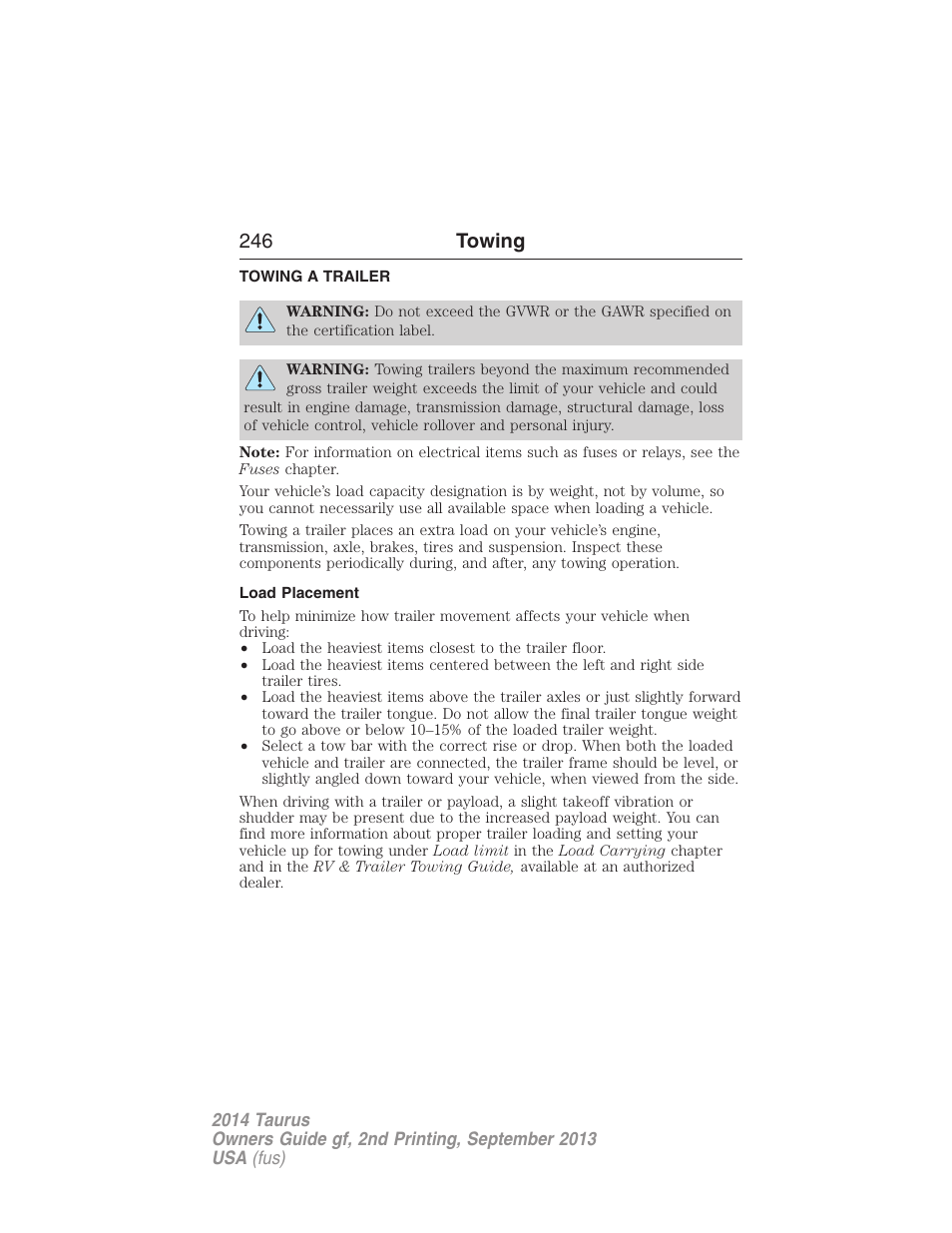 Towing, Towing a trailer, Load placement | Trailer towing, 246 towing | FORD 2014 Taurus v.2 User Manual | Page 247 / 554