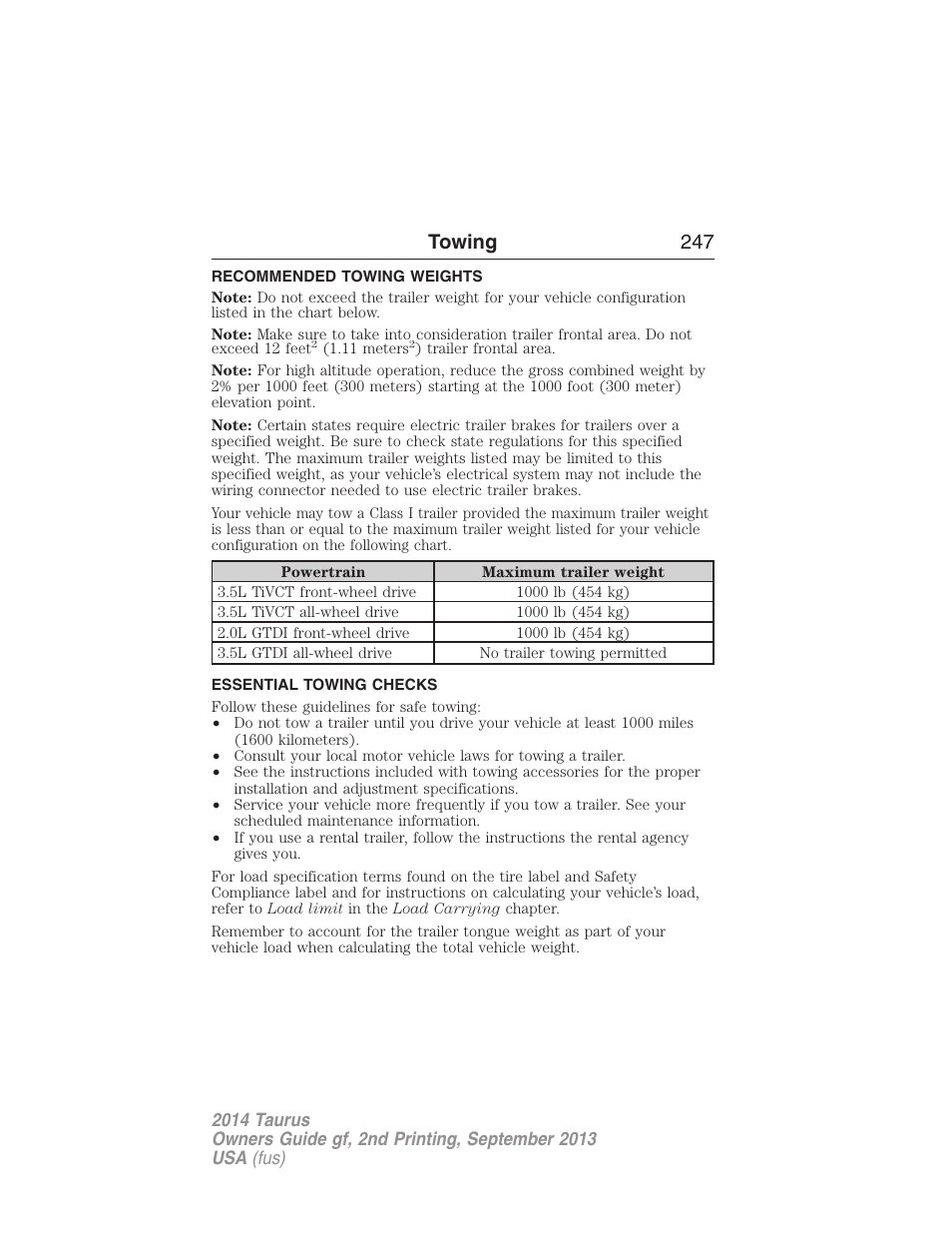 Recommended towing weights, Essential towing checks, Towing 247 | FORD 2014 Taurus v.2 User Manual | Page 248 / 554