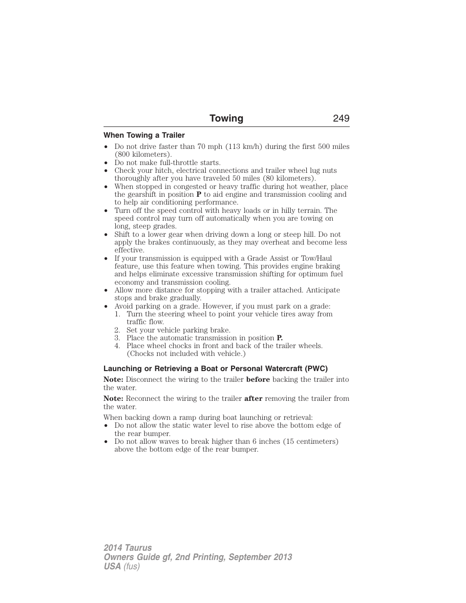 When towing a trailer, Towing 249 | FORD 2014 Taurus v.2 User Manual | Page 250 / 554