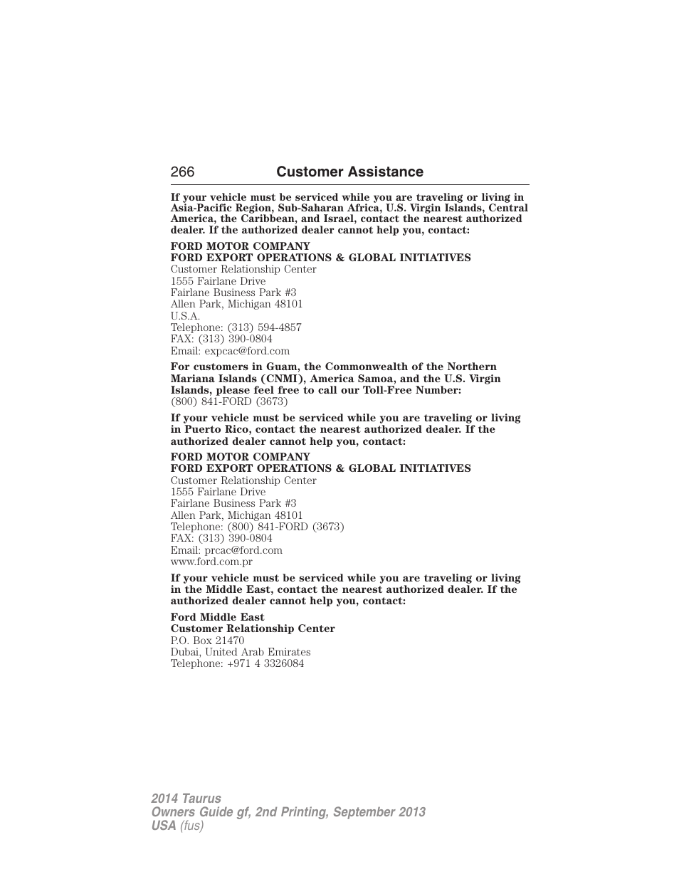 266 customer assistance | FORD 2014 Taurus v.2 User Manual | Page 267 / 554