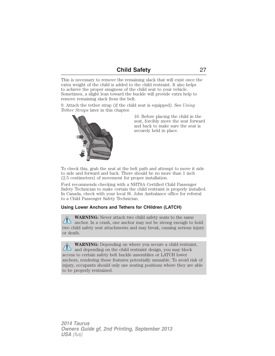 Child safety 27 | FORD 2014 Taurus v.2 User Manual | Page 28 / 554