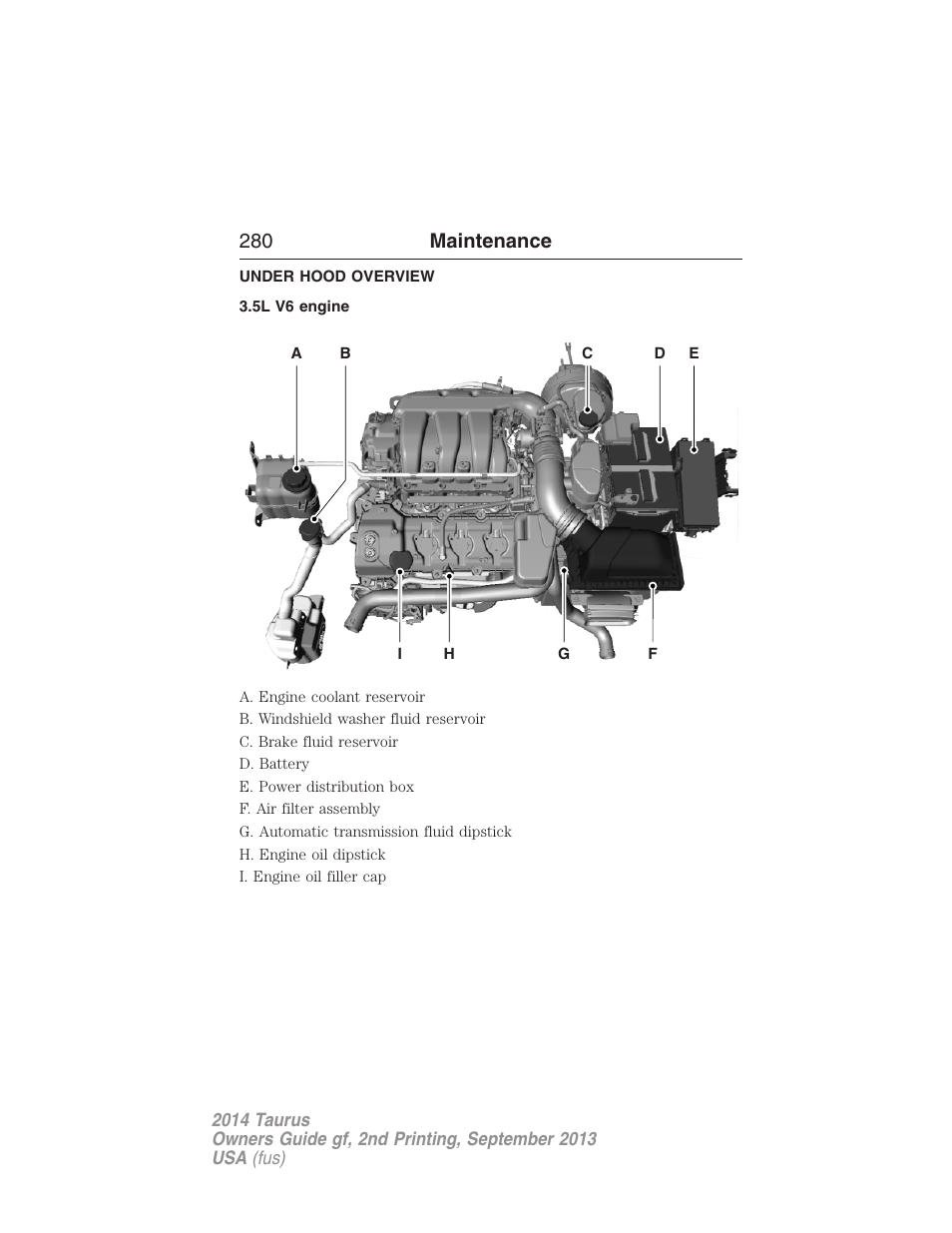 Under hood overview, 5l v6 engine, 280 maintenance | FORD 2014 Taurus v.2 User Manual | Page 281 / 554