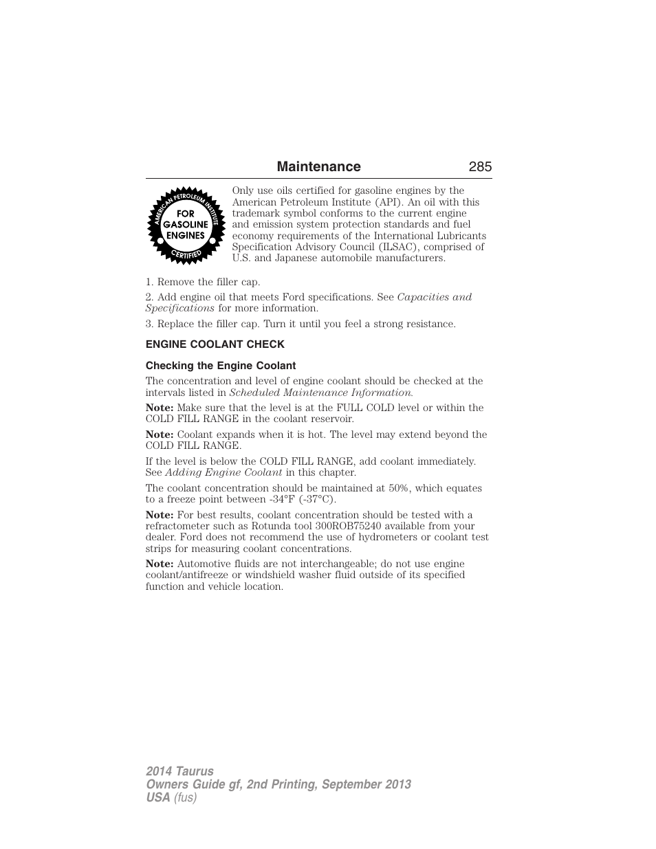 Engine coolant check, Checking the engine coolant, Maintenance 285 | FORD 2014 Taurus v.2 User Manual | Page 286 / 554