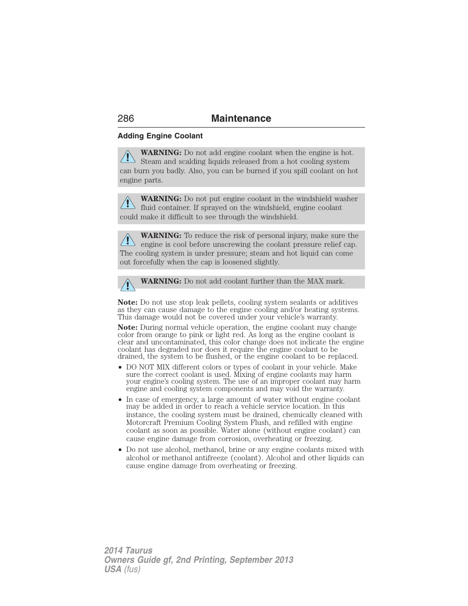 Adding engine coolant, 286 maintenance | FORD 2014 Taurus v.2 User Manual | Page 287 / 554