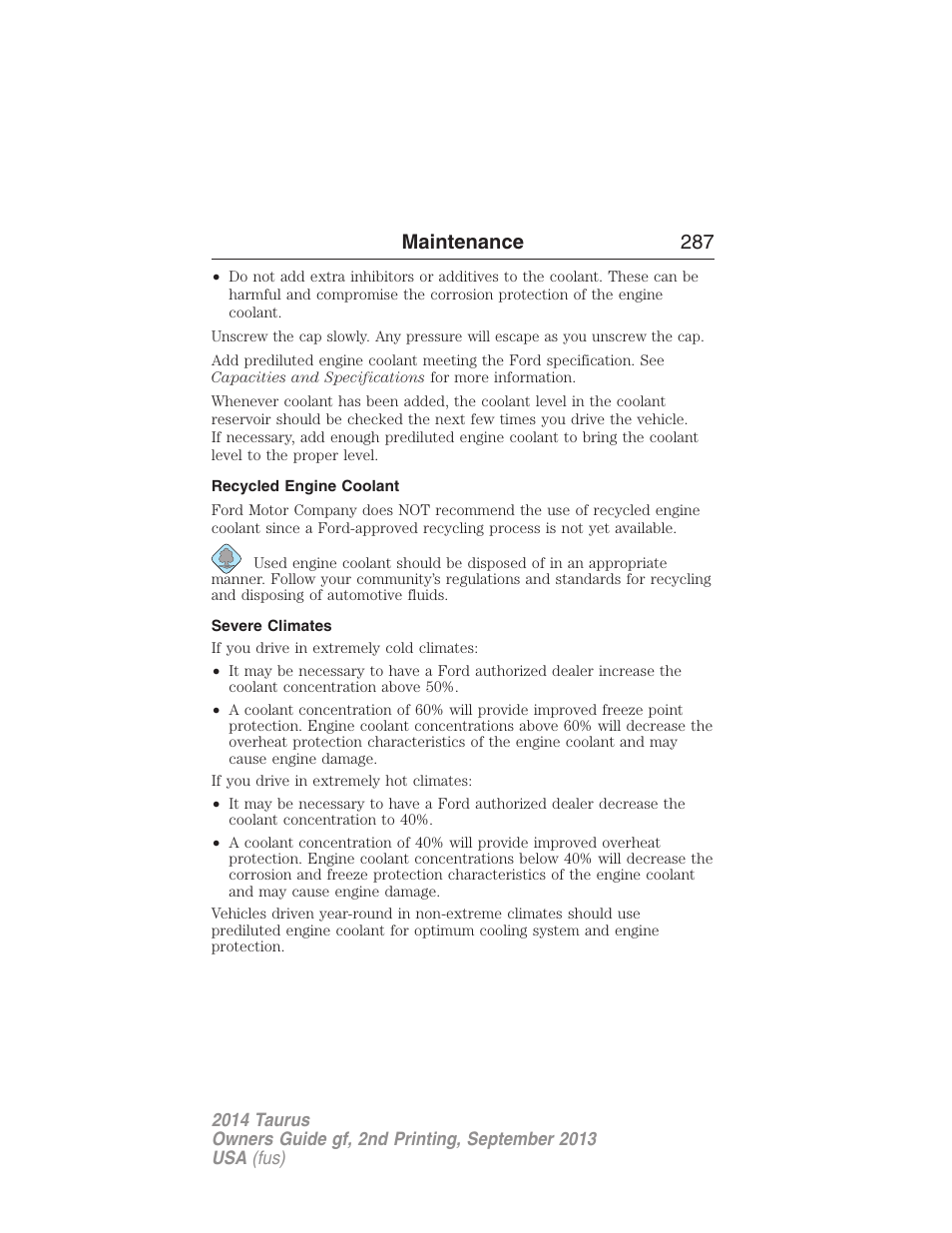 Recycled engine coolant, Severe climates, Maintenance 287 | FORD 2014 Taurus v.2 User Manual | Page 288 / 554