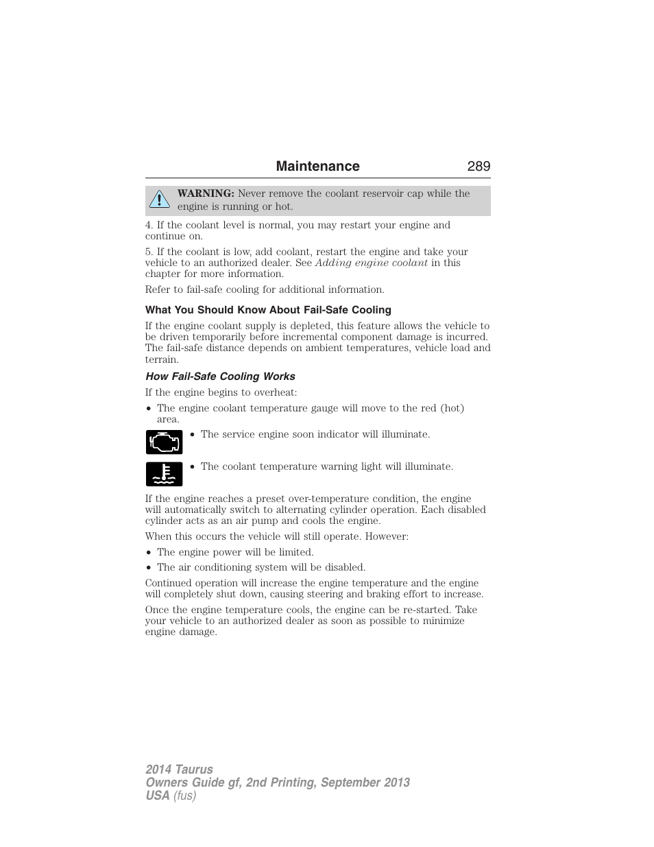 What you should know about fail-safe cooling, How fail-safe cooling works, Maintenance 289 | FORD 2014 Taurus v.2 User Manual | Page 290 / 554