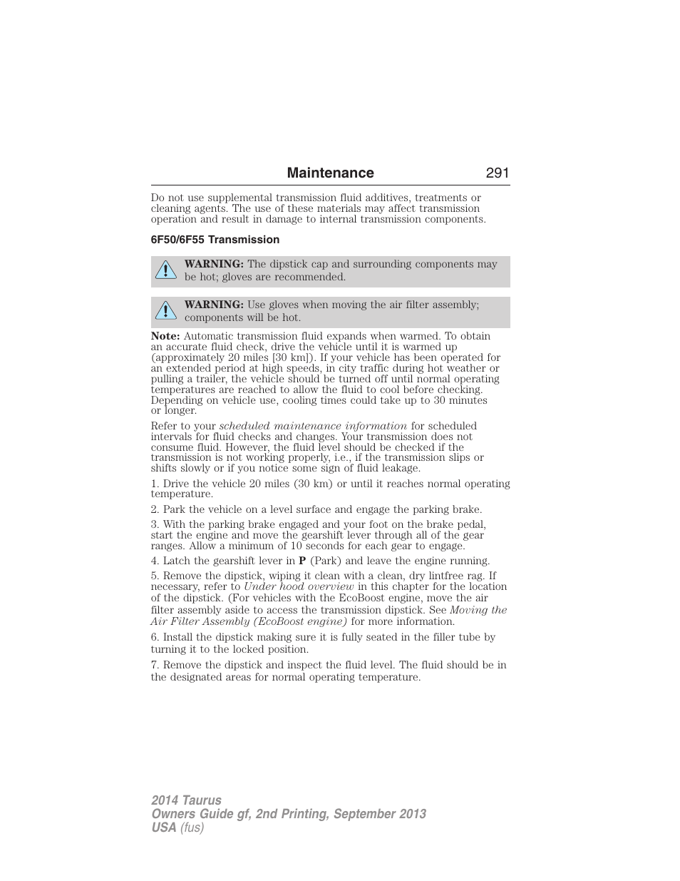 6f50/6f55 transmission, Maintenance 291 | FORD 2014 Taurus v.2 User Manual | Page 292 / 554