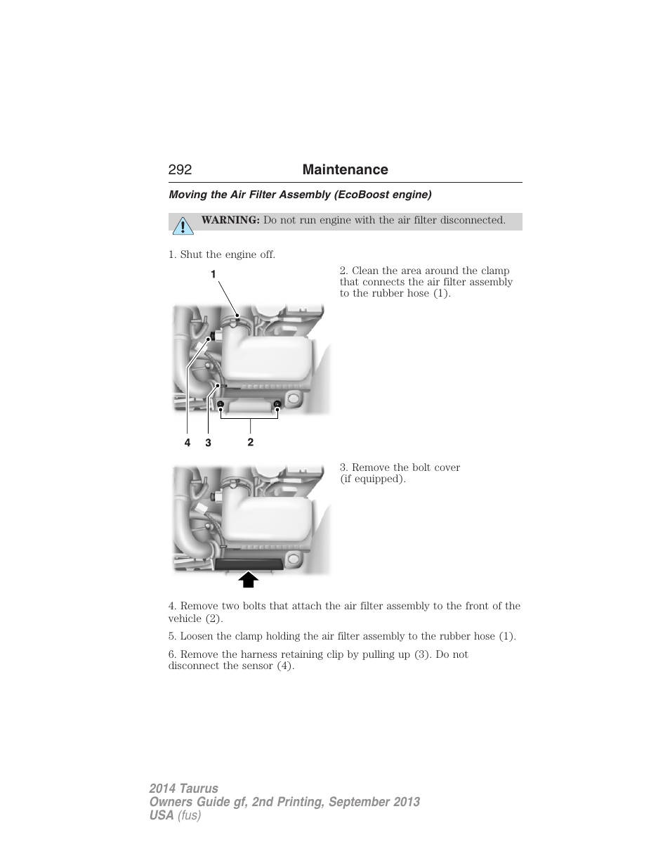 Moving the air filter assembly (ecoboost engine), 292 maintenance | FORD 2014 Taurus v.2 User Manual | Page 293 / 554