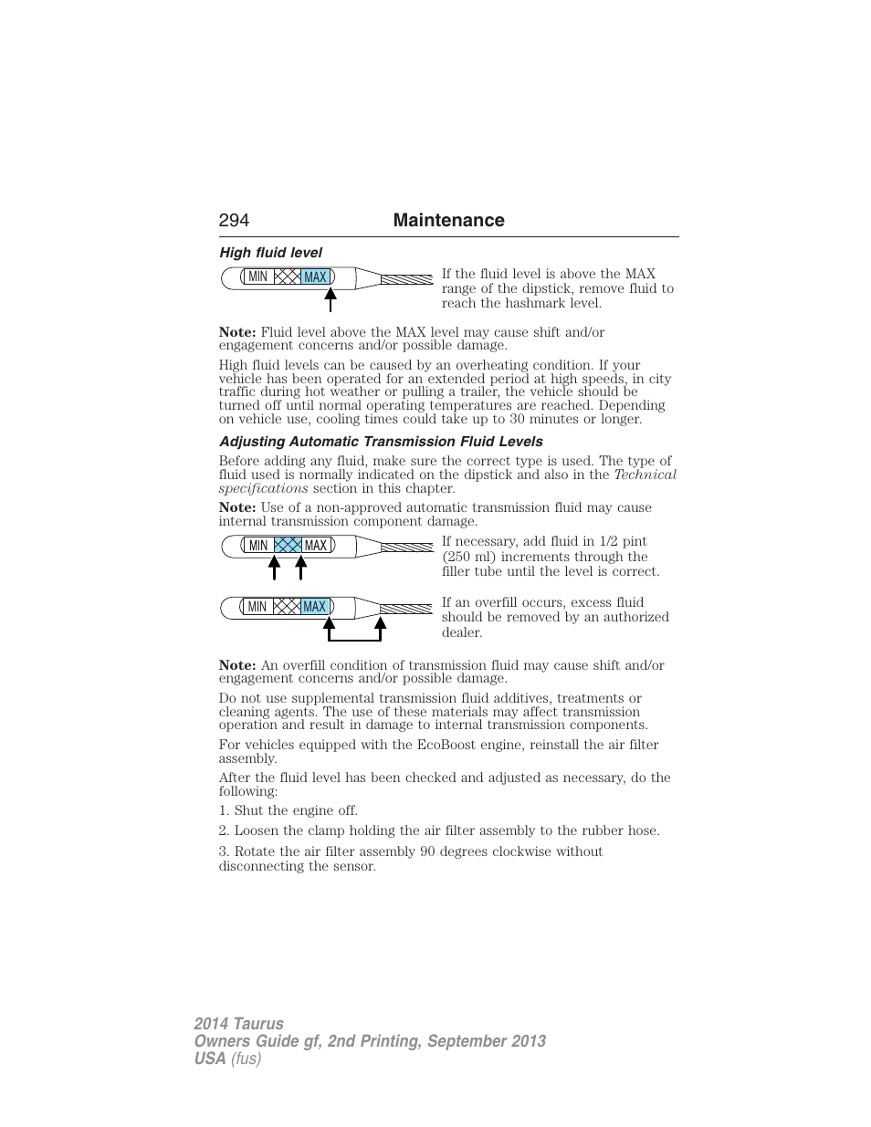 High fluid level, Adjusting automatic transmission fluid levels, 294 maintenance | FORD 2014 Taurus v.2 User Manual | Page 295 / 554