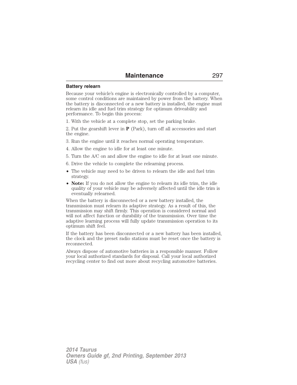Battery relearn, Maintenance 297 | FORD 2014 Taurus v.2 User Manual | Page 298 / 554
