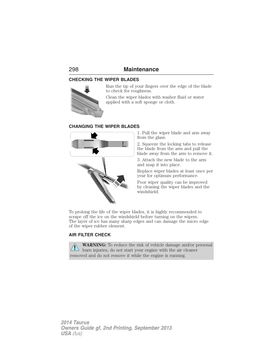 Checking the wiper blades, Changing the wiper blades, Air filter check | Air filter(s), 298 maintenance | FORD 2014 Taurus v.2 User Manual | Page 299 / 554