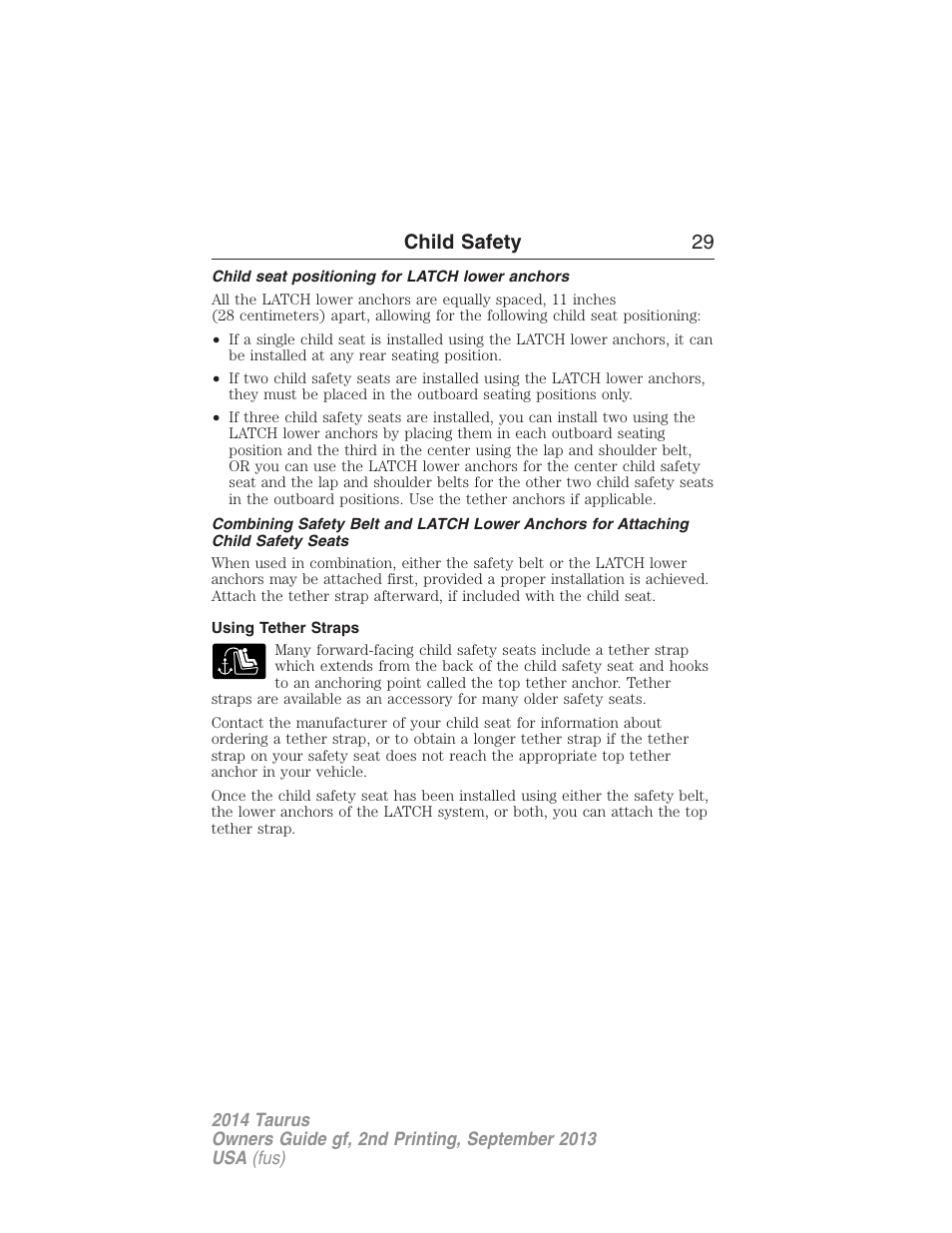 Child seat positioning for latch lower anchors, Using tether straps, Child safety 29 | FORD 2014 Taurus v.2 User Manual | Page 30 / 554