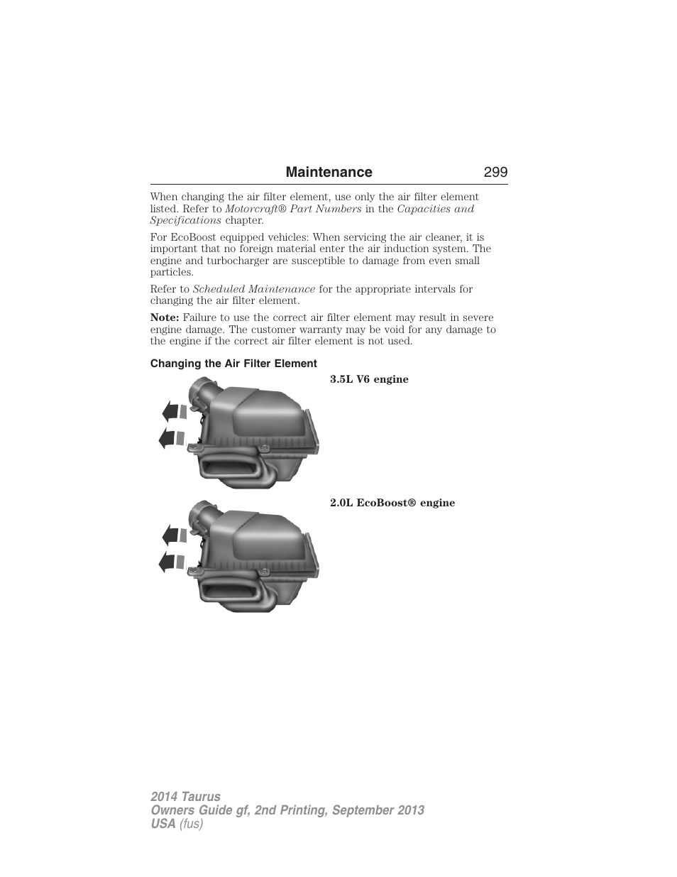 Changing the air filter element, Maintenance 299 | FORD 2014 Taurus v.2 User Manual | Page 300 / 554