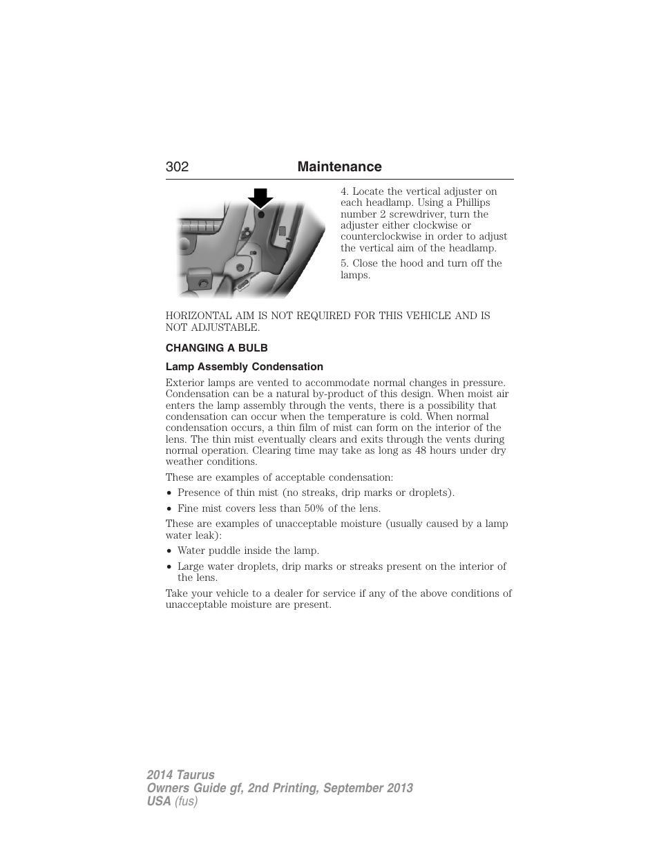 Changing a bulb, Lamp assembly condensation, 302 maintenance | FORD 2014 Taurus v.2 User Manual | Page 303 / 554