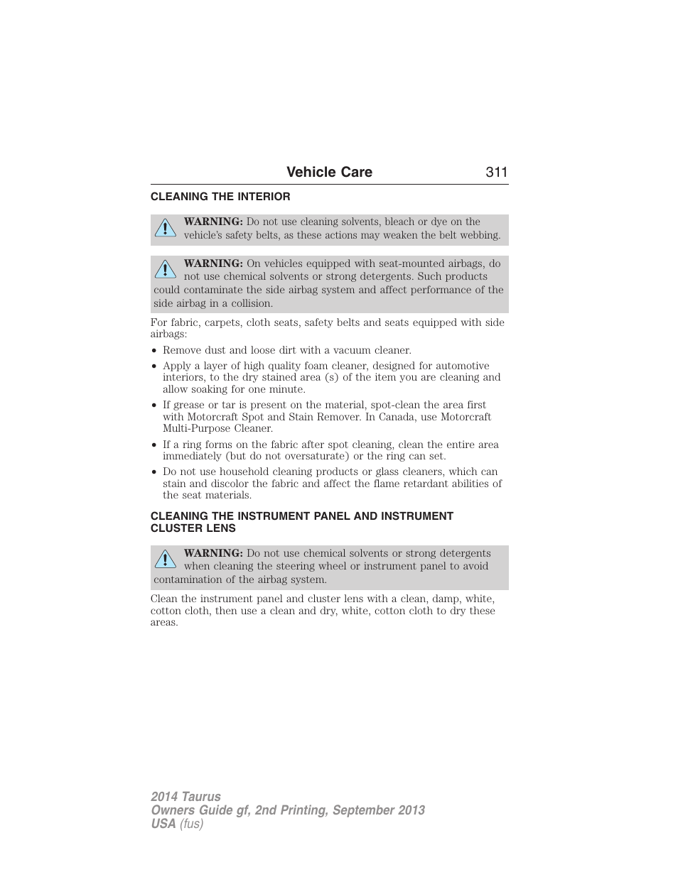 Cleaning the interior, Vehicle care 311 | FORD 2014 Taurus v.2 User Manual | Page 312 / 554