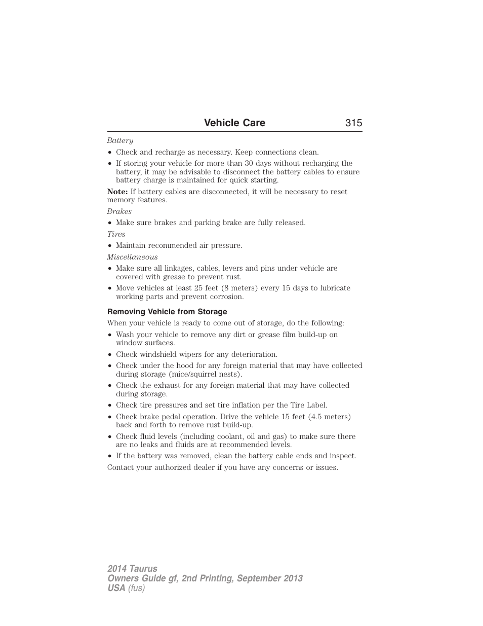 Removing vehicle from storage, Vehicle care 315 | FORD 2014 Taurus v.2 User Manual | Page 316 / 554