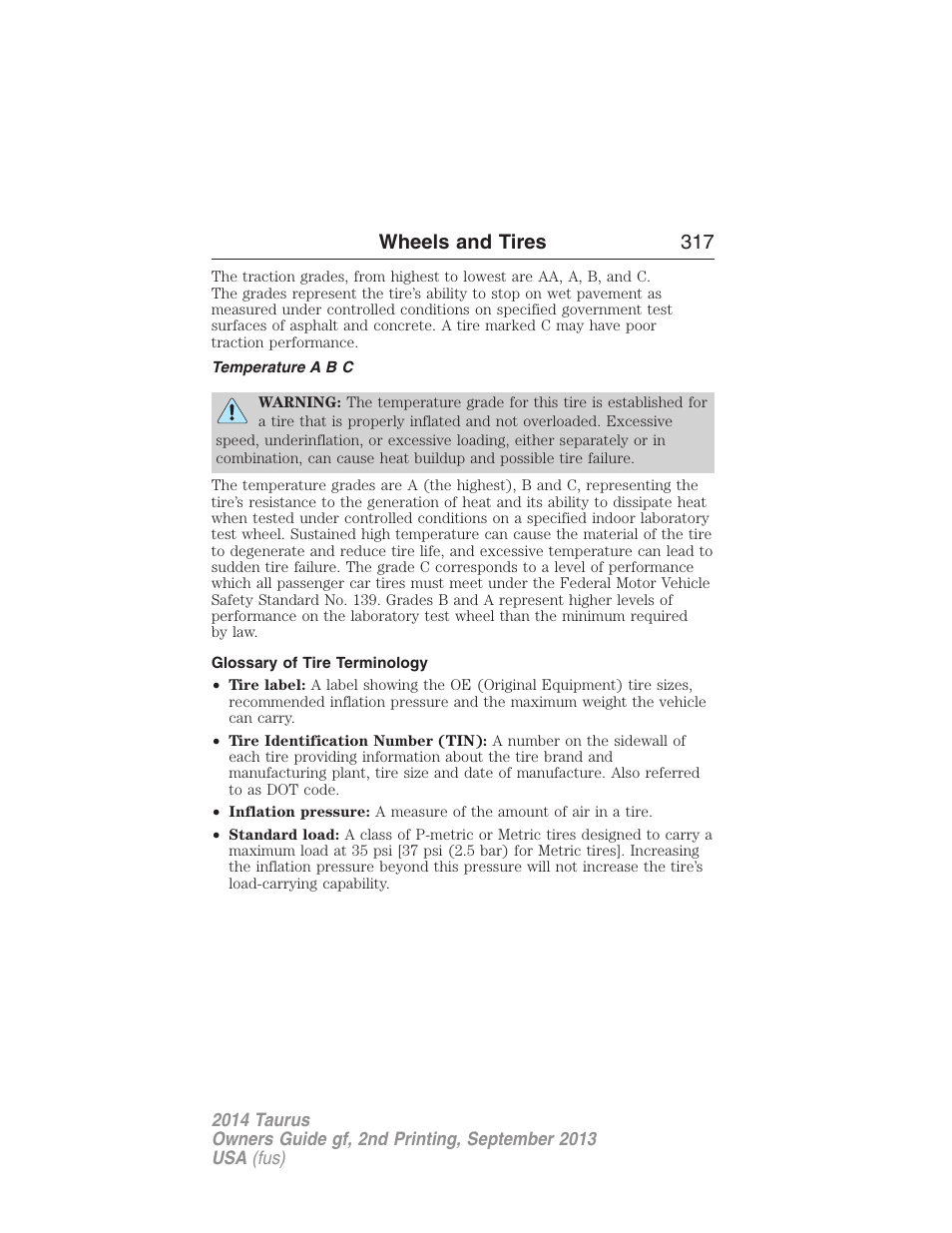 Temperature a b c, Glossary of tire terminology, Wheels and tires 317 | FORD 2014 Taurus v.2 User Manual | Page 318 / 554