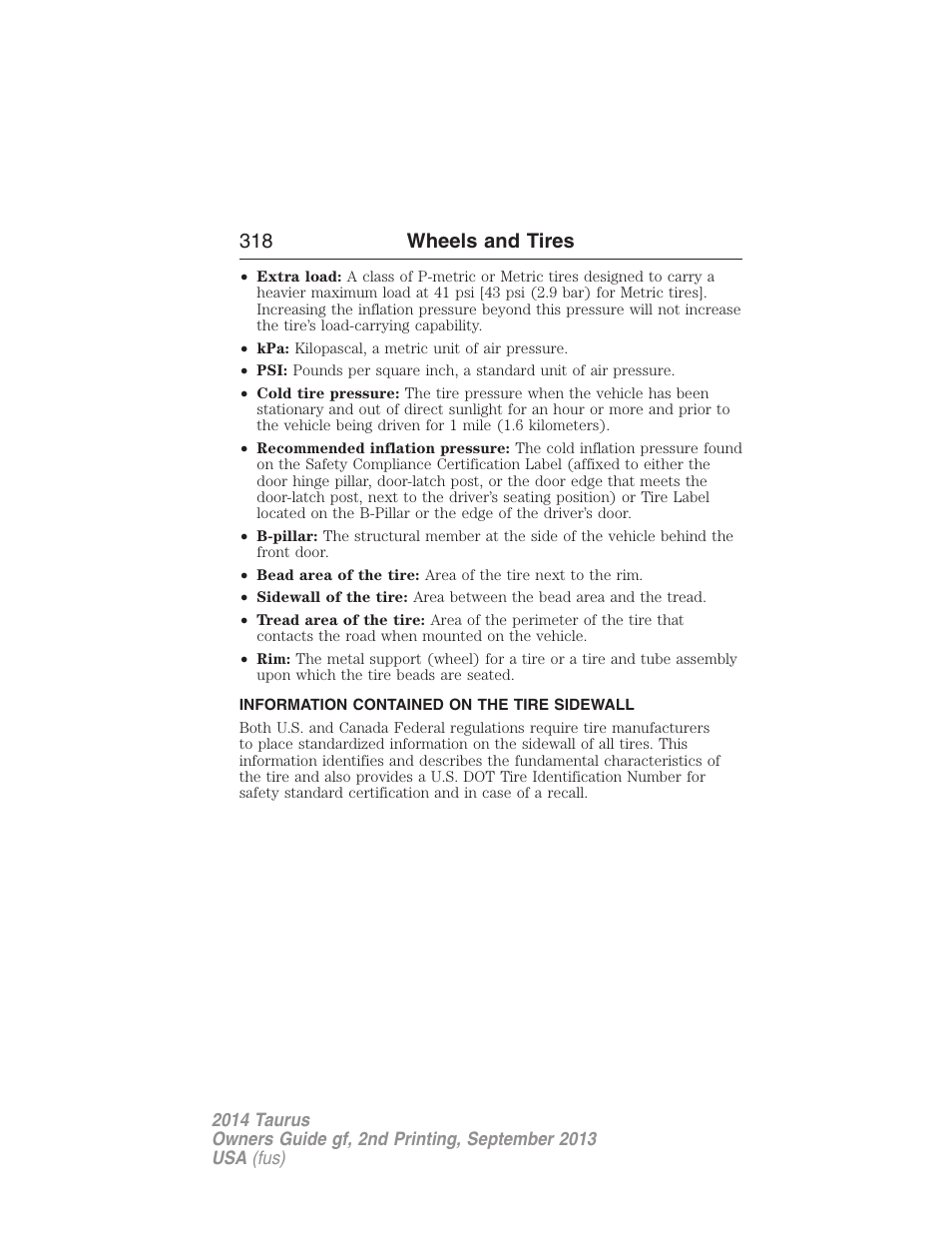 Information contained on the tire sidewall, 318 wheels and tires | FORD 2014 Taurus v.2 User Manual | Page 319 / 554