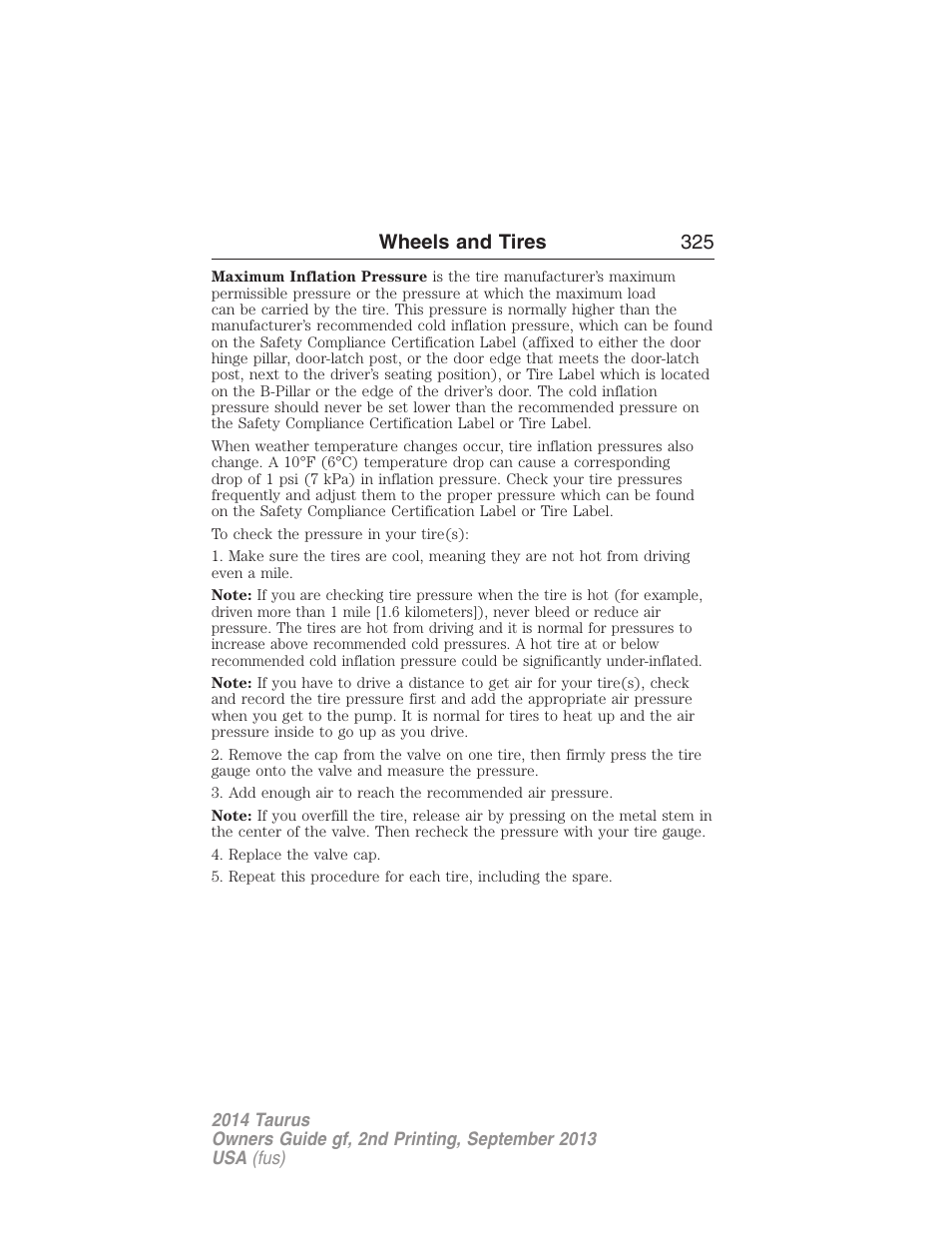 Wheels and tires 325 | FORD 2014 Taurus v.2 User Manual | Page 326 / 554