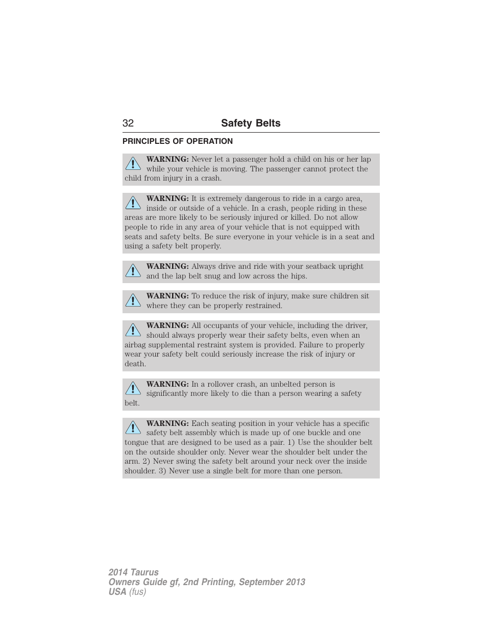 Safety belts, Principles of operation, 32 safety belts | FORD 2014 Taurus v.2 User Manual | Page 33 / 554