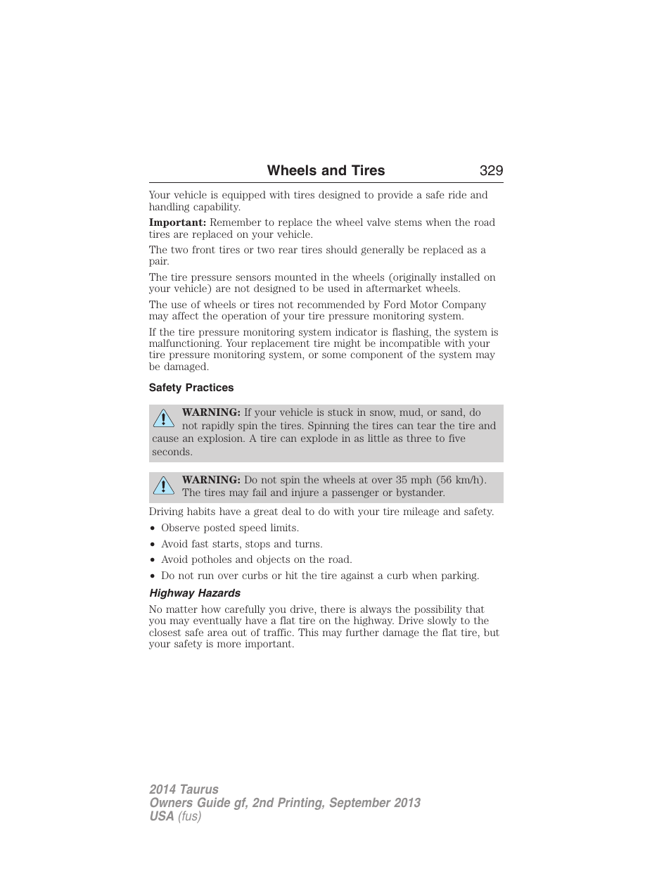 Safety practices, Highway hazards, Wheels and tires 329 | FORD 2014 Taurus v.2 User Manual | Page 330 / 554