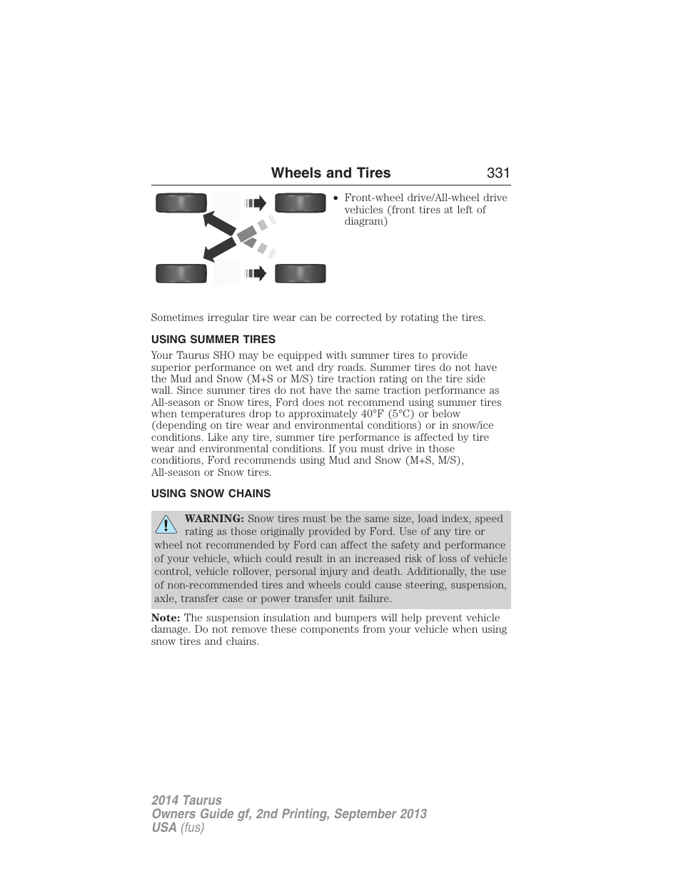 Using summer tires, Using snow chains, Wheels and tires 331 | FORD 2014 Taurus v.2 User Manual | Page 332 / 554