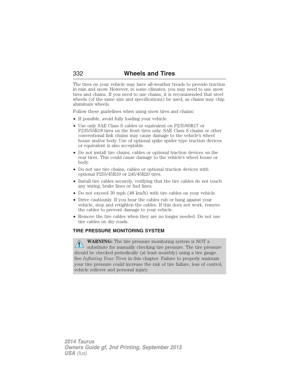 Tire pressure monitoring system, Tire pressure monitoring system (tpms), 332 wheels and tires | FORD 2014 Taurus v.2 User Manual | Page 333 / 554