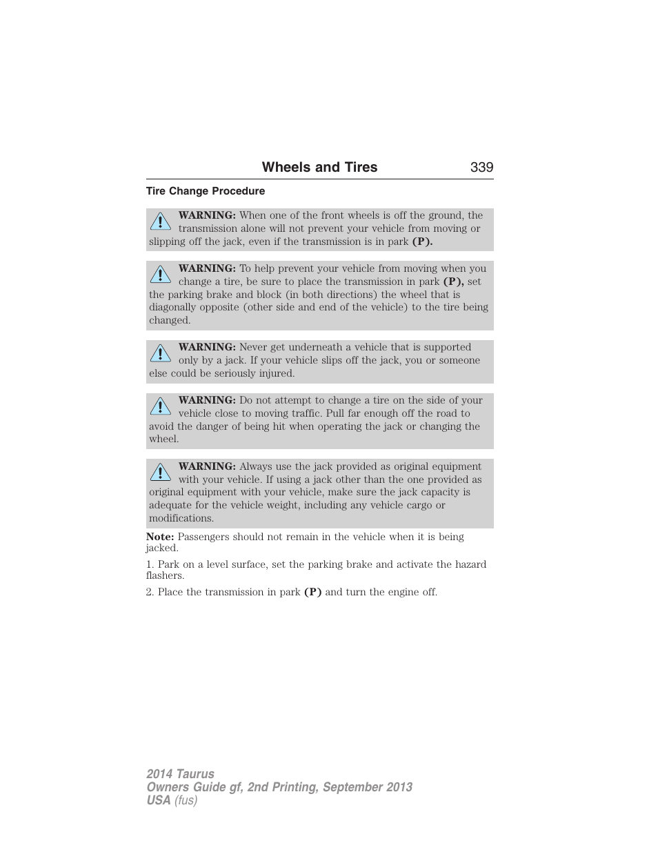 Tire change procedure, Wheels and tires 339 | FORD 2014 Taurus v.2 User Manual | Page 340 / 554