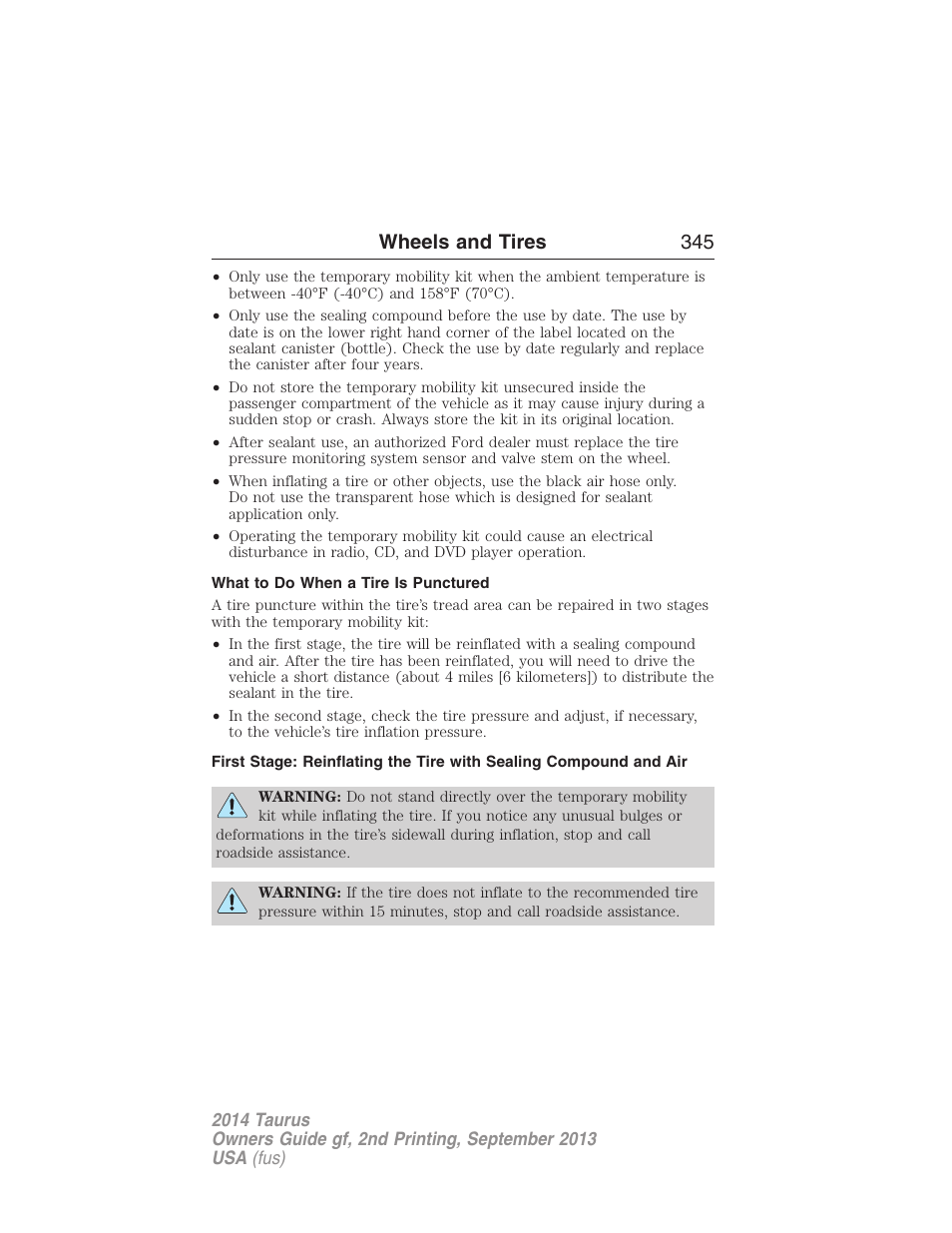 What to do when a tire is punctured, Wheels and tires 345 | FORD 2014 Taurus v.2 User Manual | Page 346 / 554