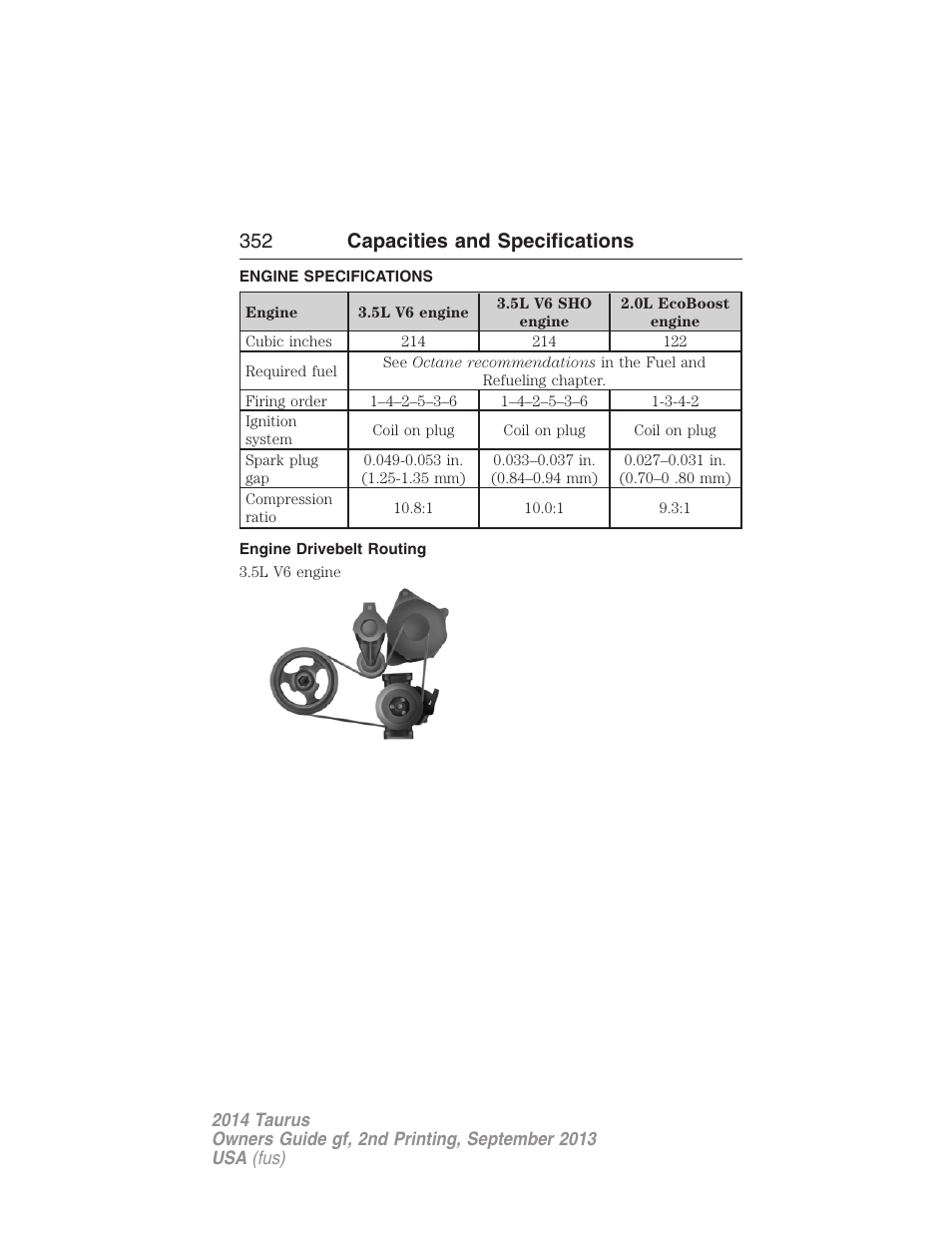 Capacities and specifications, Engine specifications, Engine drivebelt routing | 352 capacities and specifications | FORD 2014 Taurus v.2 User Manual | Page 353 / 554
