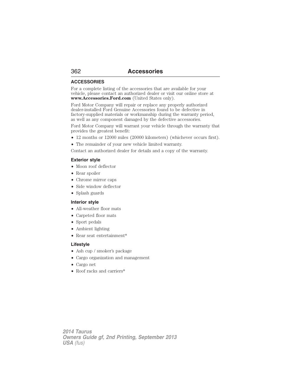 Accessories, Exterior style, Interior style | Lifestyle, 362 accessories | FORD 2014 Taurus v.2 User Manual | Page 363 / 554