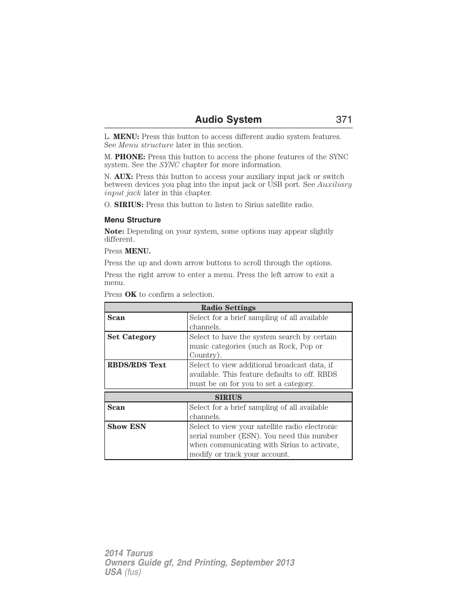 Menu structure, Audio system 371 | FORD 2014 Taurus v.2 User Manual | Page 372 / 554