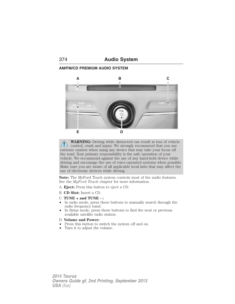 Am/fm/cd premium audio system, 374 audio system | FORD 2014 Taurus v.2 User Manual | Page 375 / 554