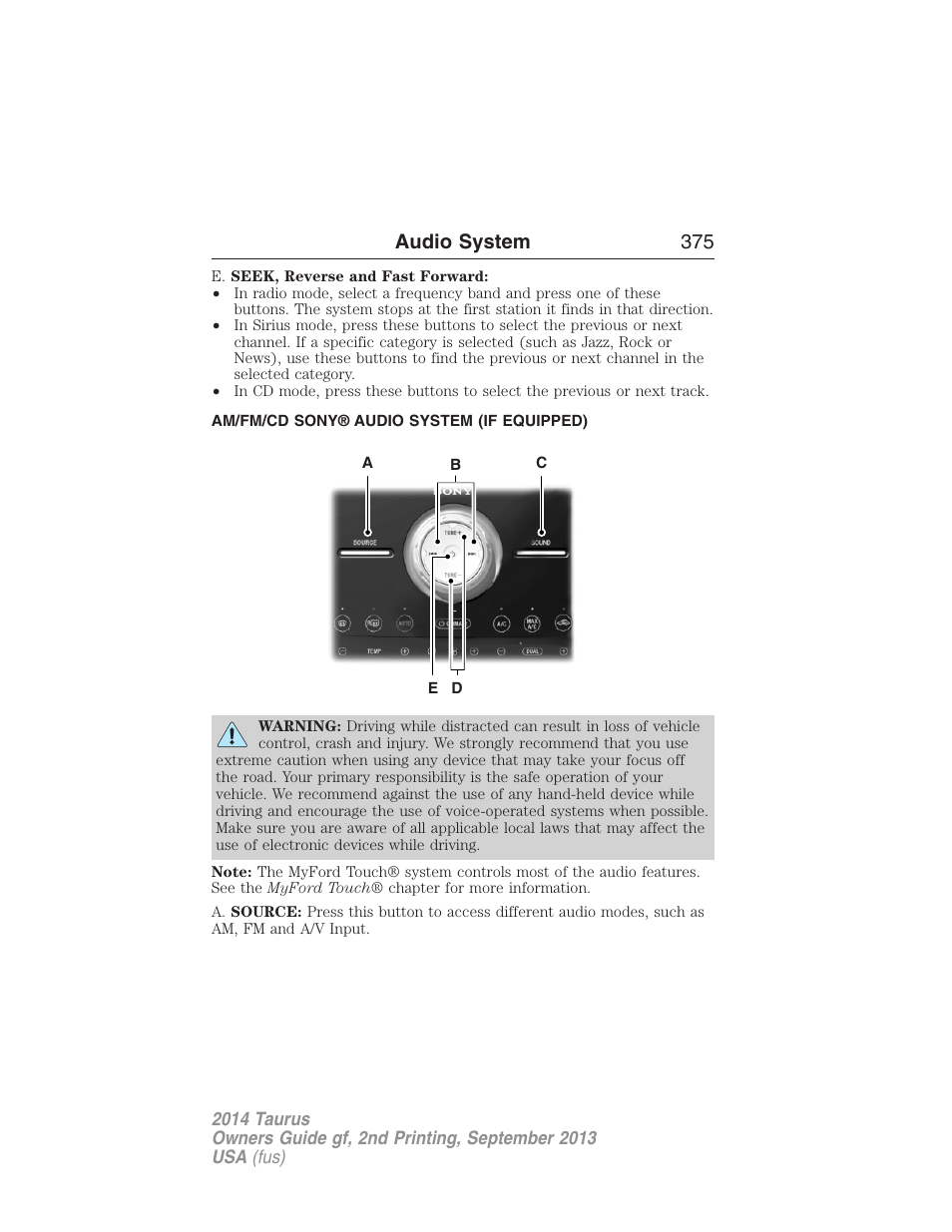 Am/fm/cd sony® audio system (if equipped), Audio system 375 | FORD 2014 Taurus v.2 User Manual | Page 376 / 554